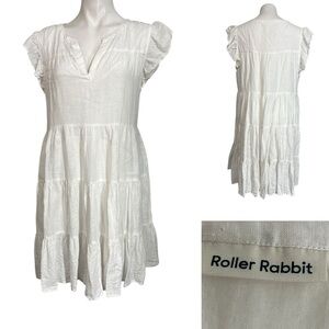 Roller Rabbit Pippa flutter sleeve linen Aline mini tiered dress, White, Size XL